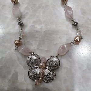 Butterfly Pendant Stone Bead Necklace Pink Embossed Silver Tone